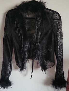 Black Lace Faux-Fur Trim Tie Front Cardigan  Women's Top